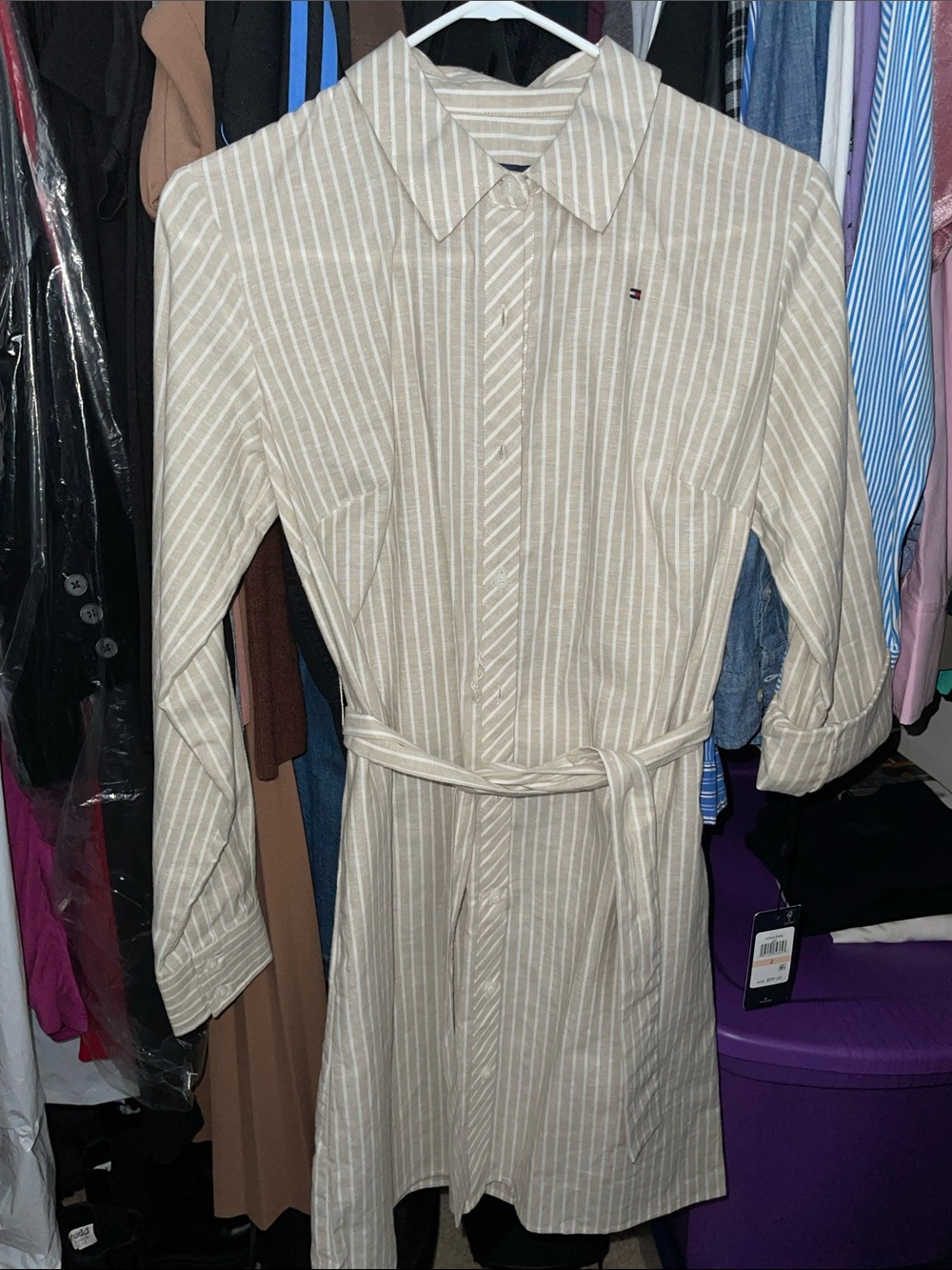Tommy Hilfiger Beige and White Striped Tie-Waist Shirt Dress